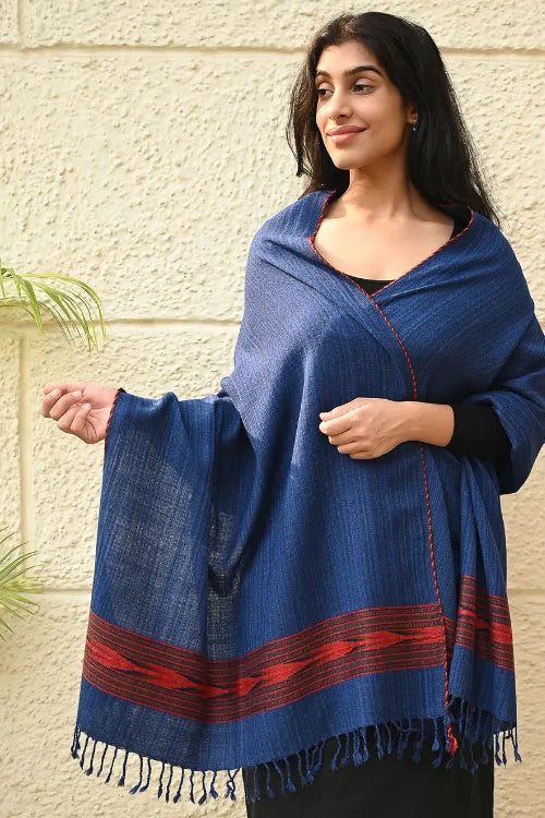 The ICH Exclusive Soft Himachal Wool Stole With Woven Border - Ocean Trail