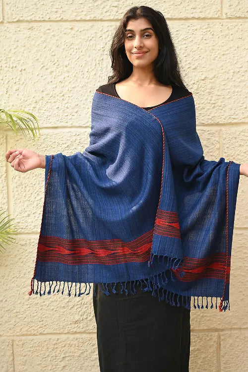 The ICH Exclusive Soft Himachal Wool Stole With Woven Border - Ocean Trail