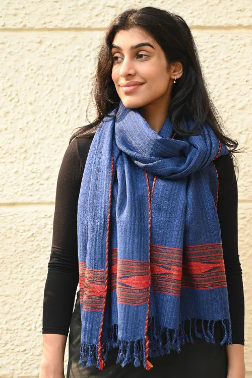 The ICH Exclusive Soft Himachal Wool Stole With Woven Border - Ocean Trail