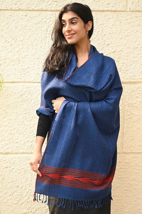 The ICH Exclusive Soft Himachal Wool Stole With Woven Border - Ocean Trail