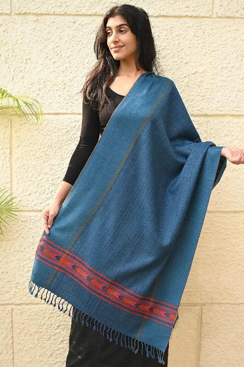 The ICH Exclusive Soft Himachal Wool Stole With Woven Border - Cobalt Trail