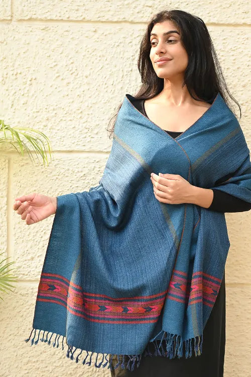 The ICH Exclusive Soft Himachal Wool Stole With Woven Border - Cobalt Trail