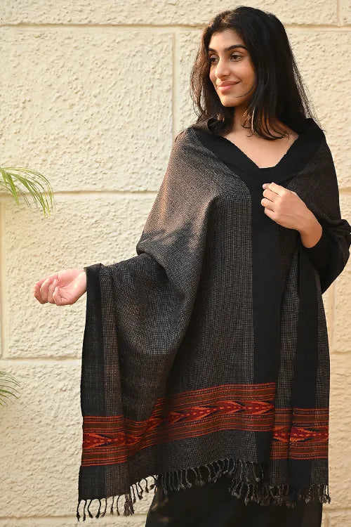 The ICH Exclusive Soft Himachal Wool Stole With Woven Border - Charcoal Cascade