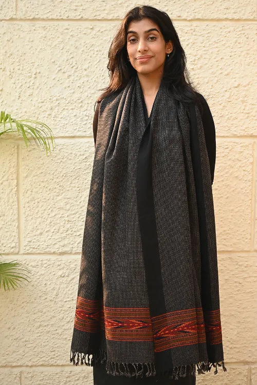 The ICH Exclusive Soft Himachal Wool Stole With Woven Border - Charcoal Cascade