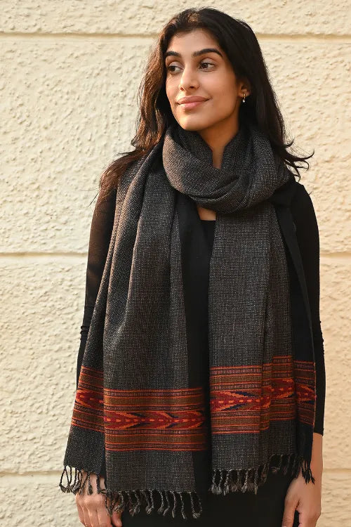 The ICH Exclusive Soft Himachal Wool Stole With Woven Border - Charcoal Cascade