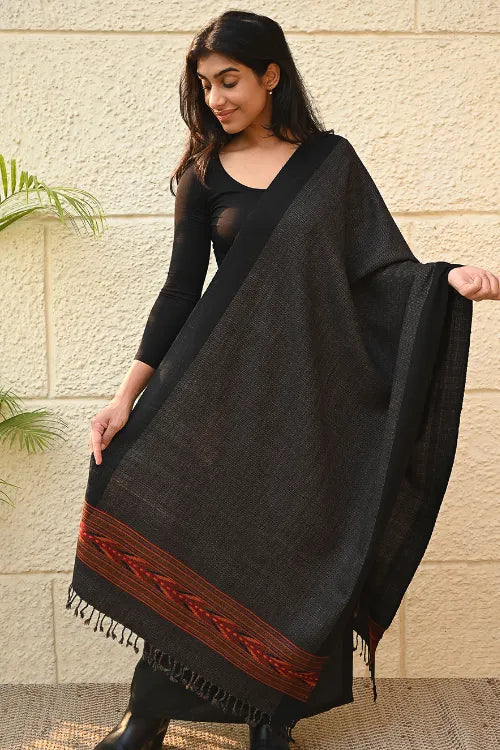 The ICH Exclusive Soft Himachal Wool Stole With Woven Border - Charcoal Cascade