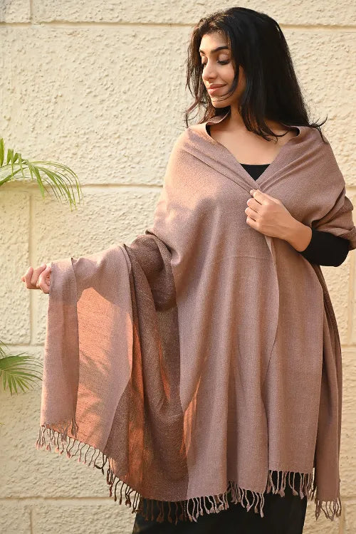 The ICH Fine, Soft Himachal Wool Self Striped Shawl - Caramel And Cream
