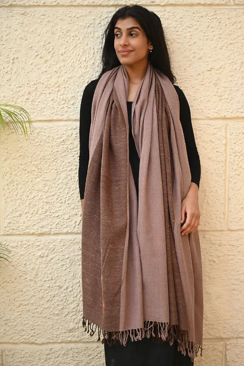 The ICH Fine, Soft Himachal Wool Self Striped Shawl - Caramel And Cream