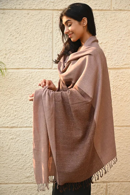 The ICH Fine, Soft Himachal Wool Self Striped Shawl - Caramel And Cream