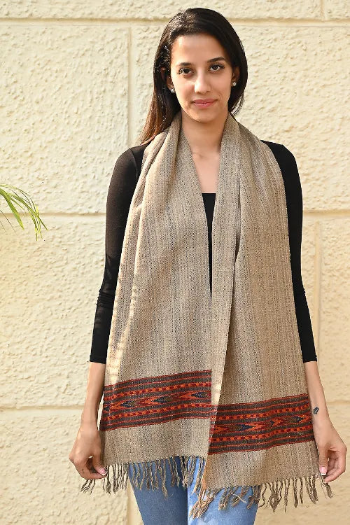The ICH Exclusive Soft Himachal Wool Muffler With Woven Border - Fawn Beige