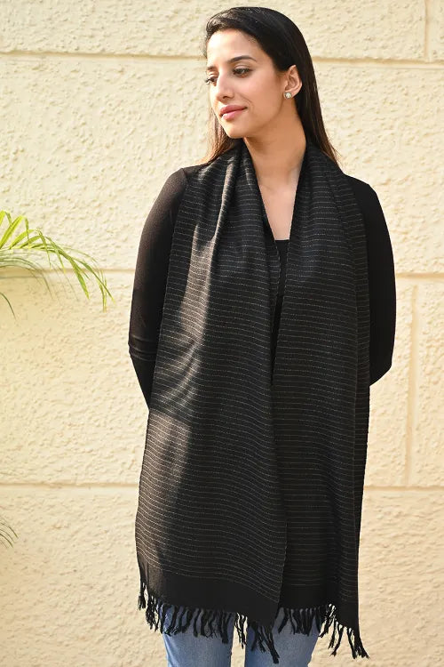 The ICH Fine, Soft Himachal Wool Striped Muffler - Iron Mist