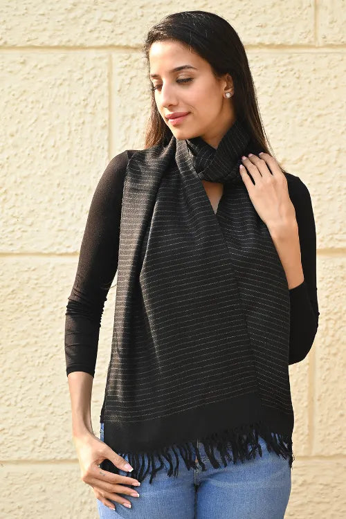 The ICH Fine, Soft Himachal Wool Striped Muffler - Iron Mist