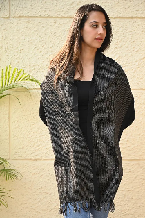 The ICH Fine, Soft Himachal Wool Striped Muffler - Iron Mist