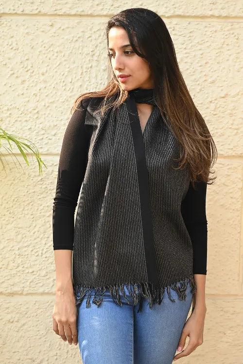 The ICH Fine, Soft Himachal Wool Striped Muffler - Silver Linings