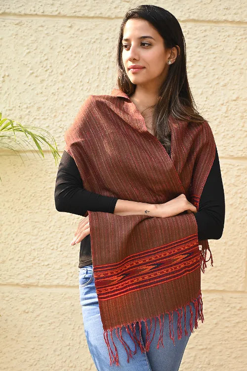 The ICH Exclusive Soft Himachal Wool Muffler With Woven Border - Hot Chocolate