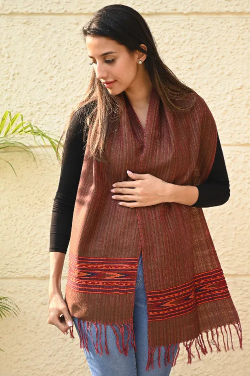 The ICH Exclusive Soft Himachal Wool Muffler With Woven Border - Hot Chocolate