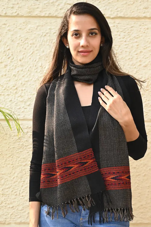 The ICH Exclusive Soft Himachal Wool Muffler With Woven Border - Smoke Nest