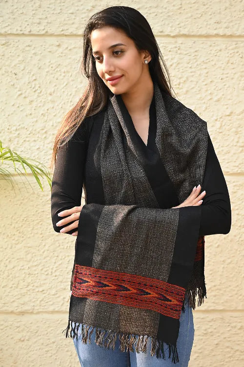 The ICH Exclusive Soft Himachal Wool Muffler With Woven Border - Smoke Nest