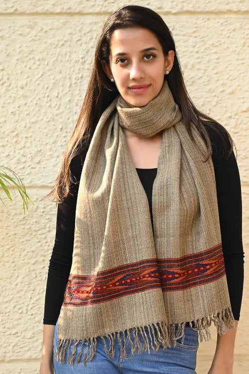 The ICH Exclusive Soft Himachal Wool Muffler With Woven Border - Camel Trail