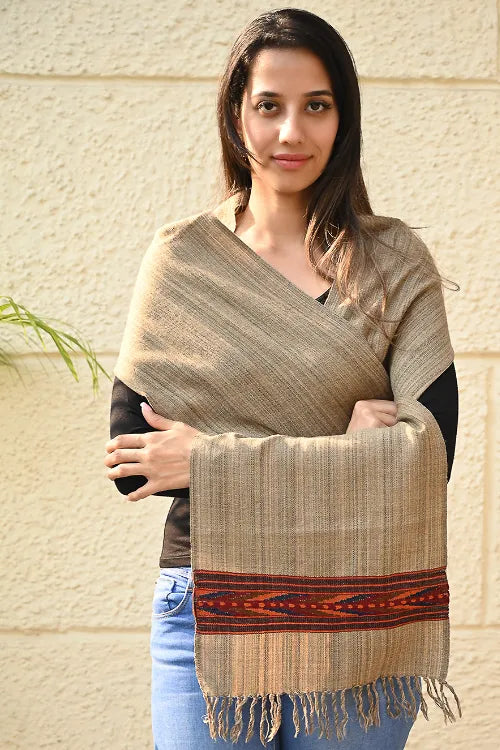 The ICH Exclusive Soft Himachal Wool Muffler With Woven Border - Camel Trail