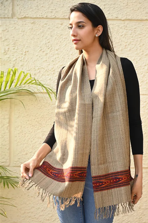 The ICH Exclusive Soft Himachal Wool Muffler With Woven Border - Camel Trail