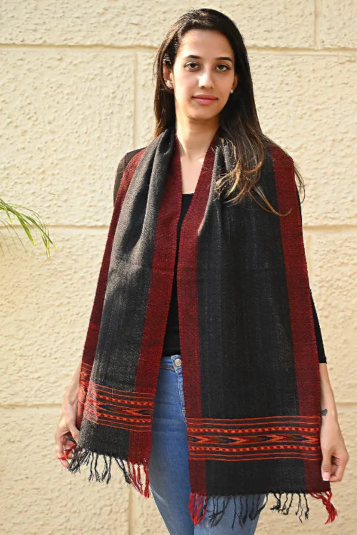 The ICH Exclusive Soft Himachal Wool Muffler With Woven Border - Graphite Mist