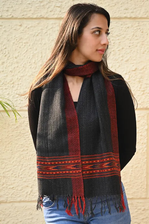 The ICH Exclusive Soft Himachal Wool Muffler With Woven Border - Graphite Mist