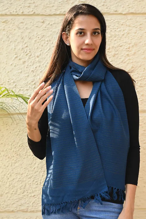The ICH Exclusive Soft Himachal Wool Muffler With Woven Border - Midnight Stripes