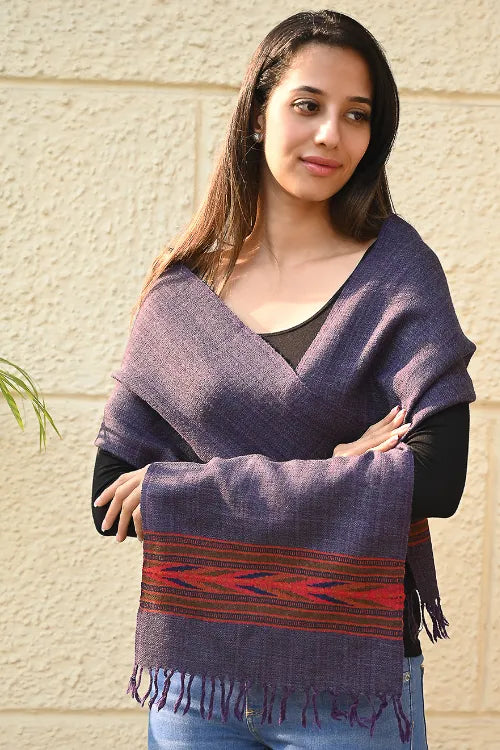 The ICH Exclusive Soft Himachal Wool Muffler With Woven Border - Purple Ink