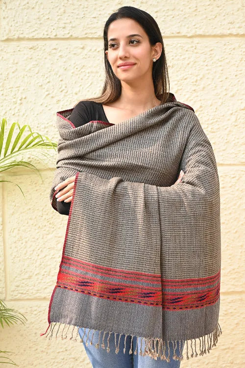 The ICH Exclusive Soft Himachal Wool Shawl With Woven Border - Driftwood