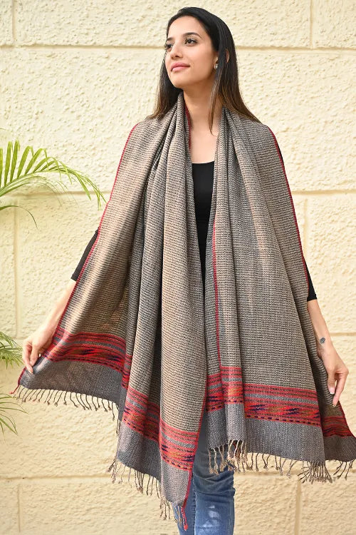 The ICH Exclusive Soft Himachal Wool Shawl With Woven Border - Driftwood