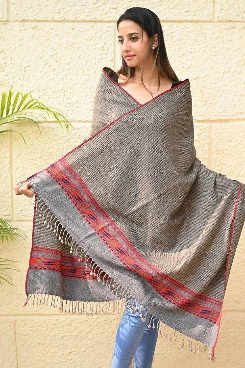 The ICH Exclusive Soft Himachal Wool Shawl With Woven Border - Driftwood