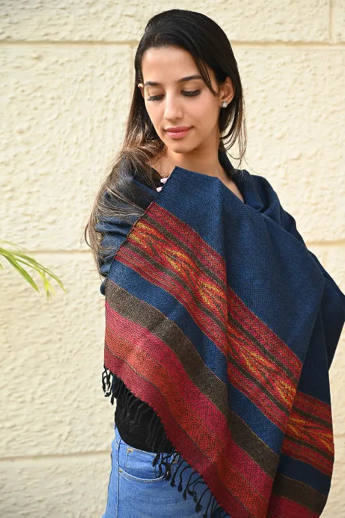 The ICH Exclusive Soft Himachal Wool Shawl With Woven Border - Twilight Trail