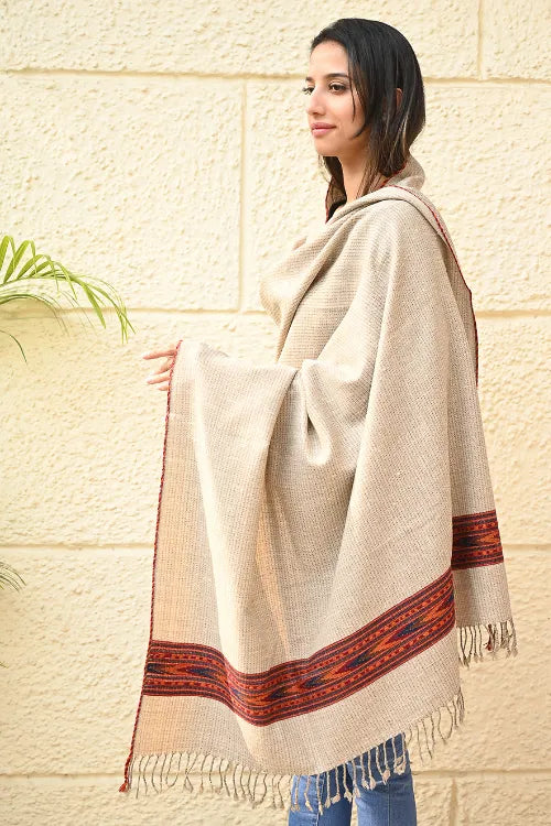 The ICH Exclusive Soft Himachal Wool Shawl With Woven Border - Almond Trail