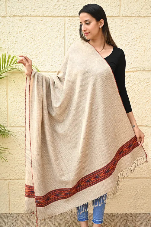 The ICH Exclusive Soft Himachal Wool Shawl With Woven Border - Almond Trail