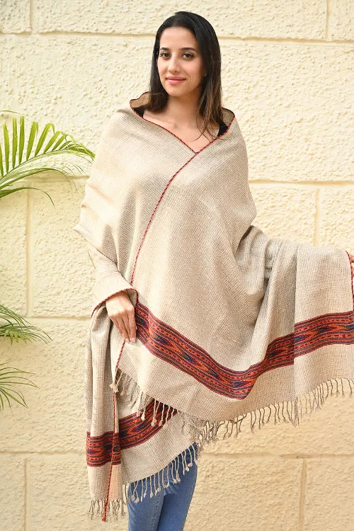 The ICH Exclusive Soft Himachal Wool Shawl With Woven Border - Almond Trail
