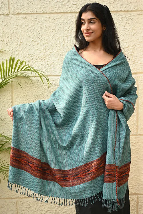The ICH Exclusive Soft Himachal Wool Shawl With Woven Border - Seafoam Teal