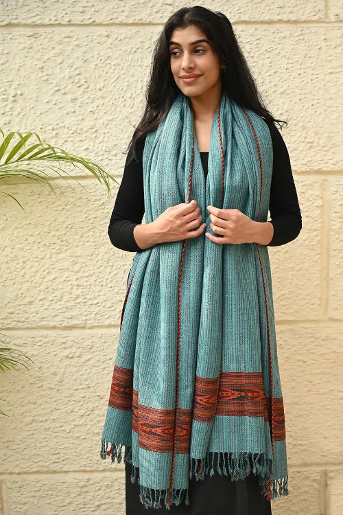 The ICH Exclusive Soft Himachal Wool Shawl With Woven Border - Seafoam Teal