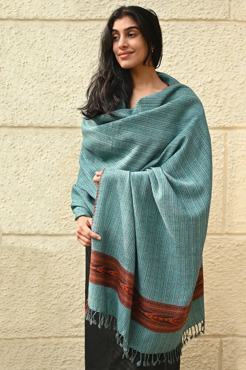 The ICH Exclusive Soft Himachal Wool Shawl With Woven Border - Seafoam Teal