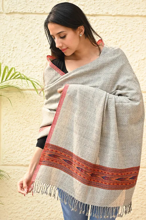 The ICH Exclusive Soft Himachal Wool Shawl With Woven Border - Coral Sand