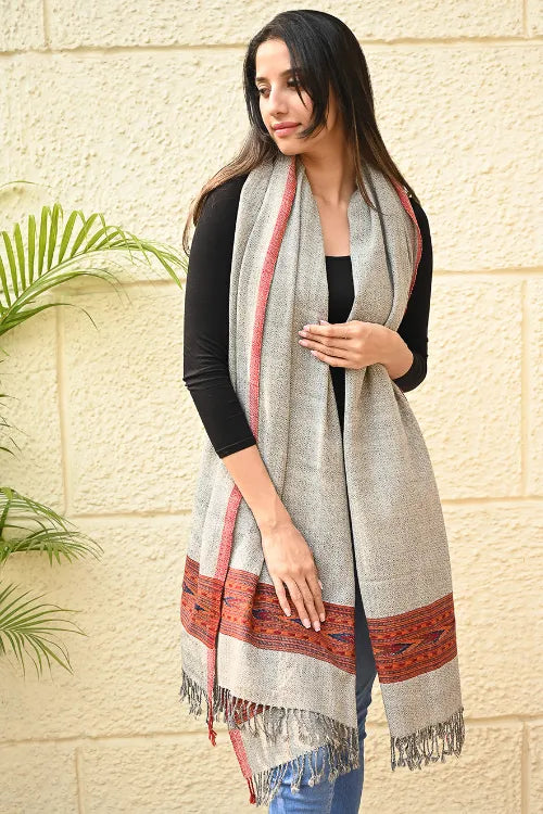 The ICH Exclusive Soft Himachal Wool Shawl With Woven Border - Coral Sand