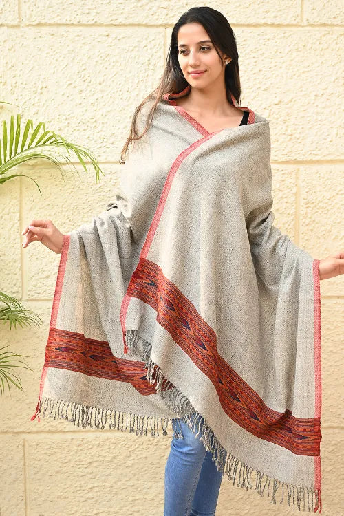 The ICH Exclusive Soft Himachal Wool Shawl With Woven Border - Coral Sand