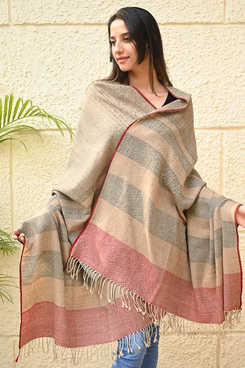 The ICH Exclusive Soft Himachal Wool Shawl With Woven Border - Biscuit Taupe