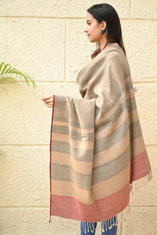 The ICH Exclusive Soft Himachal Wool Shawl With Woven Border - Biscuit Taupe