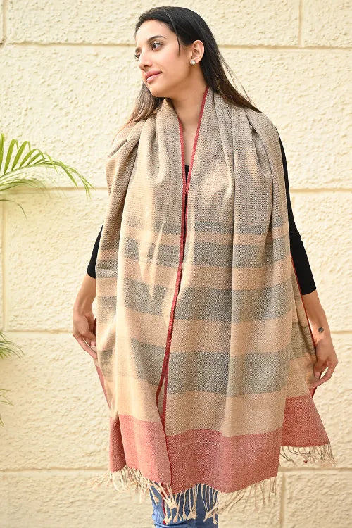 The ICH Exclusive Soft Himachal Wool Shawl With Woven Border - Biscuit Taupe