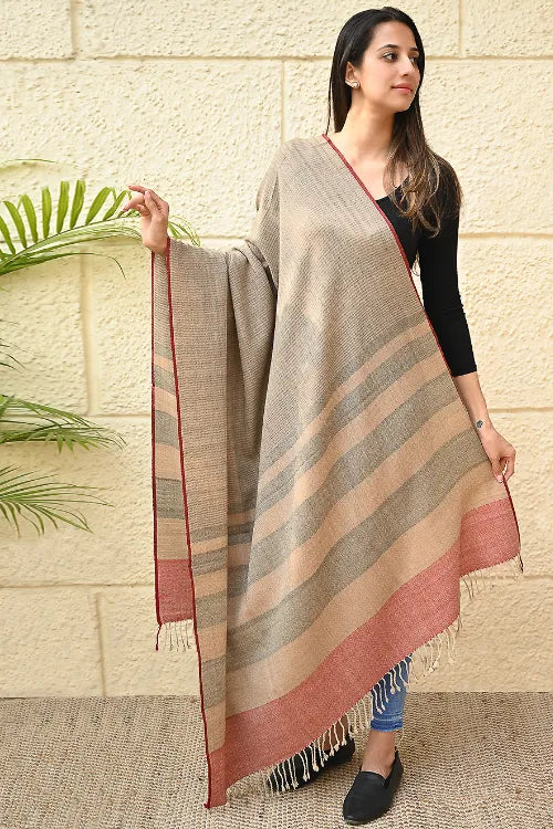 The ICH Exclusive Soft Himachal Wool Shawl With Woven Border - Biscuit Taupe