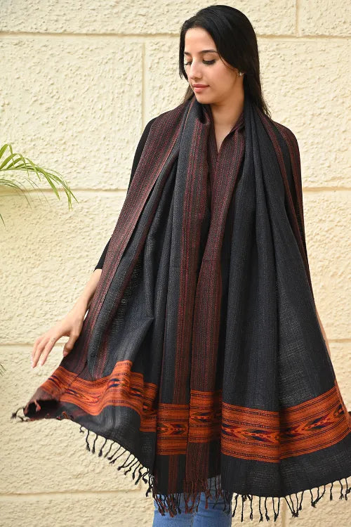 The ICH Exclusive Soft Himachal Wool Shawl With Woven Border - Darkwood