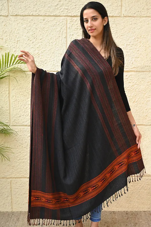 The ICH Exclusive Soft Himachal Wool Shawl With Woven Border - Darkwood