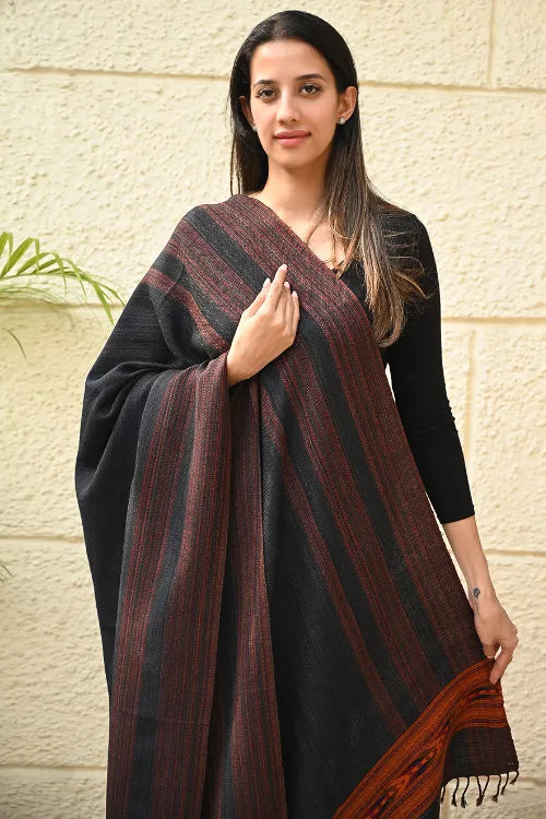 The ICH Exclusive Soft Himachal Wool Shawl With Woven Border - Darkwood