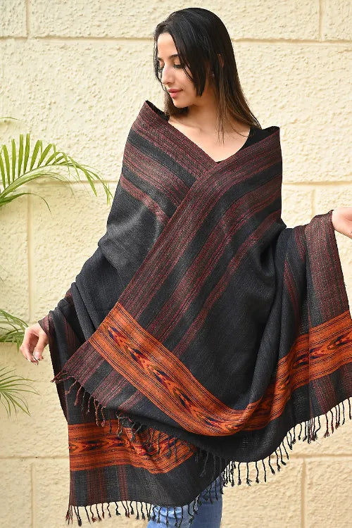 The ICH Exclusive Soft Himachal Wool Shawl With Woven Border - Darkwood